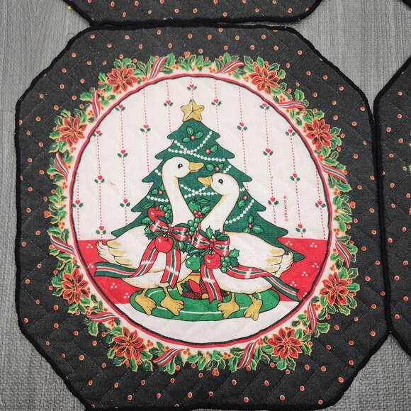 6 Vintage Franco Holiday Christmas Cloth Placemats Ducks Geese Swan Cotton Tree - Picture 2 of 9